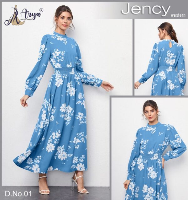 Blue Floral Print Jency Western Dress with a Belt